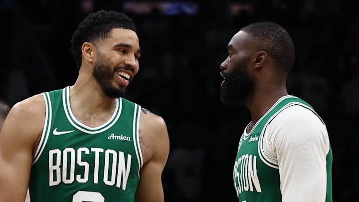 Mar 6, 2026; Boston, Massachusetts, USA; Boston Celtics forward Jayson Tatum (0) has a laugh with guard Jaylen Brown (7) during the second half against the Dallas Mavericks at TD Garden. Mandatory Credit: Winslow Townson-Imagn Images