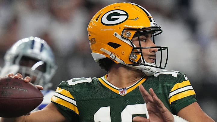 Green Bay Packers quarterback Jordan Love (10) throws a pass at the Dallas Cowboys in the 2023 wild-card playoffs.