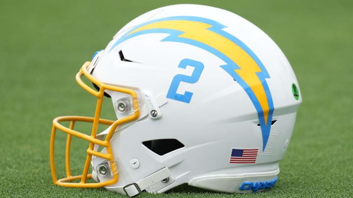 Jun 13, 2023; Costa Mesa, CA, USA; Los Angeles Chargers helmet of quarterback Easton Stick (2) during minicamp at the Hoag Performance Center. Mandatory Credit: Kirby Lee-Imagn Images