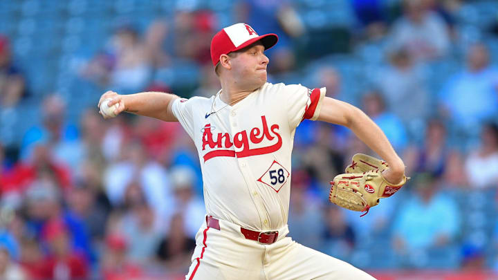 Aug 12, 2024; Anaheim, California, USA; Los Angeles Angels pitcher Davis Daniel (58) throws against the Toronto Blue Jays during the first inning at Angel Stadium. Mandatory Credit: Gary A. Vasquez-Imagn Images