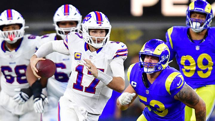 Oct 12, 2026; Inglewood, California, USA;  Buffalo Bills quarterback Josh Allen (17) scrambles as Los Angeles Rams linebacker Nate Landman (53) defends during overtime at SoFi Stadium.  Mandatory Credit: Gary A. Vasquez-Imagn Images