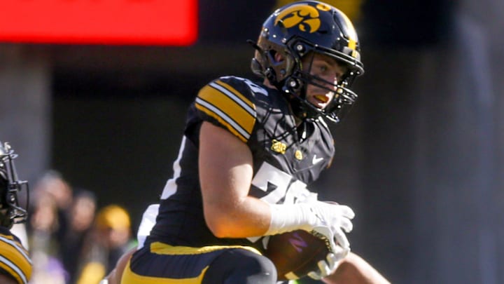 Iowa’s Quinn Schulte (30) intercepts a Northwestern pass Saturday, Oct. 26, 2024 at Kinnick Stadium in Iowa City, Iowa. Iowa’s Quinn Schulte (30) intercepts a Northwestern pass Saturday, Oct. 26, 2024 at Kinnick Stadium in Iowa City, Iowa.