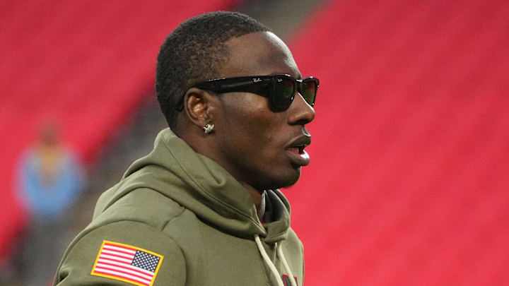 Oct 27, 2025; Kansas City, Missouri, USA; Kansas City Chiefs wide receiver Marquise Brown (5) warms up prior to the game against the Washington Commanders at GEHA Field at Arrowhead Stadium. Mandatory Credit: Denny Medley-Imagn Images