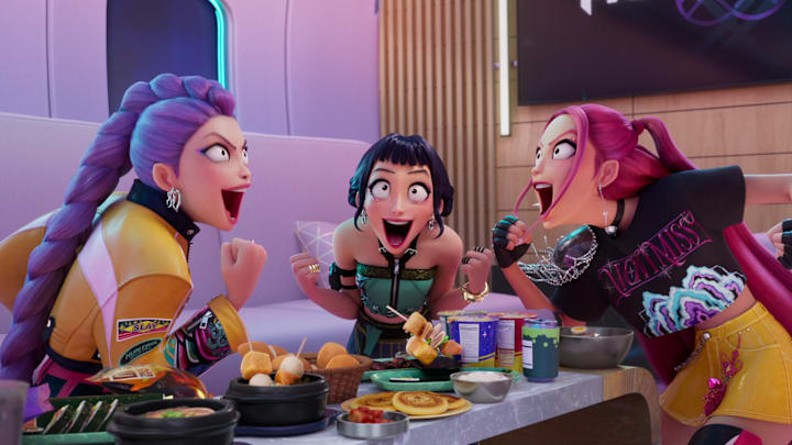 (L-R) Rumi (voice by ARDEN CHO), Zoey (voice by JI-YOUNG YOO) and Mira (voice by MAY HONG) in KPop Demon Hunters