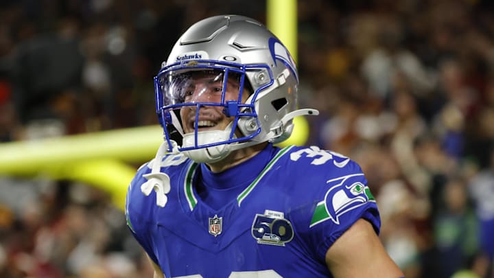 Nov 2, 2025; Landover, Maryland, USA; Seattle Seahawks safety Ty Okada (39) celebrates a pass interception during the first half against the Washington Commanders during the first half at Northwest Stadium. Nov 2, 2025; Landover, Maryland, USA; Seattle Seahawks safety Ty Okada (39) celebrates a pass interception during the first half against the Washington Commanders during the first half at Northwest Stadium.