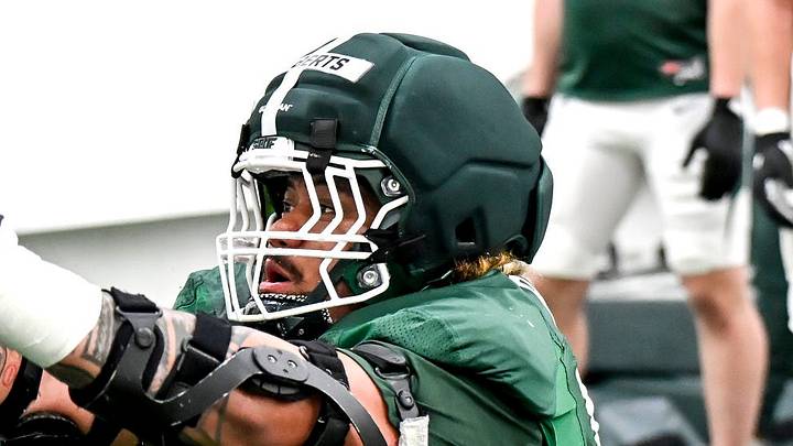 Michigan State's Ben Roberts runs a drill during spring football practice on Tuesday, April 14, 2026, in East Lansing.
