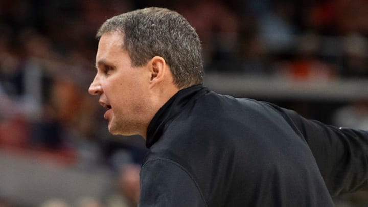 NC State Wolfpack head coach Will Wade talks with his bench as the Auburn Tigers take on the NC State Wolfpack at Neville Arena in Auburn, Ala. on Wednesday, Dec. 3, 2025.