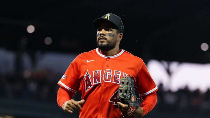 Mar 17, 2026; Mesa, Arizona, USA; Los Angeles Angels third baseman Jeimer Candelario against the Chicago Cubs during a spring training game at Sloan Park. Mandatory Credit: Mark J. Rebilas-Imagn Images