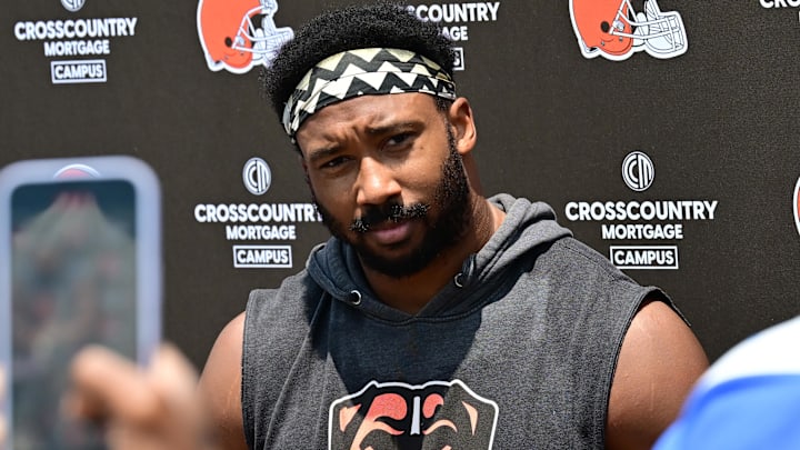 Jun 10, 2025; Berea, OH, USA; Cleveland Browns defensive end Myles Garrett (95) talks to the media during minicamp at CrossCountry Mortgage Campus. Mandatory Credit: Ken Blaze-Imagn Images