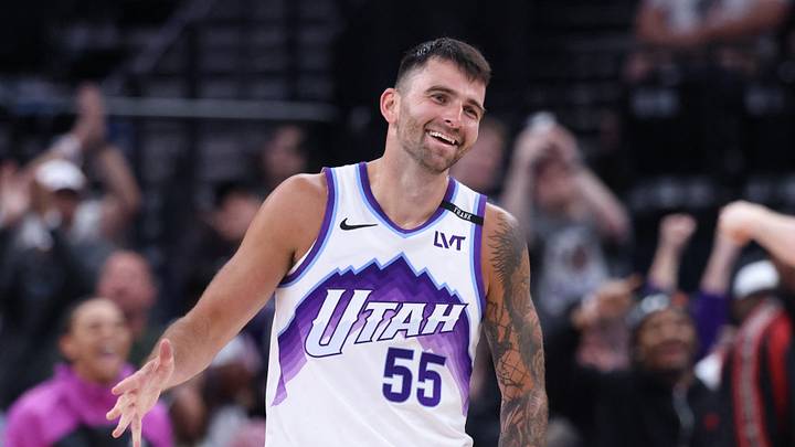Apr 10, 2026; Salt Lake City, Utah, USA; Utah Jazz guard John Konchar (55) reacts after completing a triple double against the Memphis Grizzlies during the second half at Delta Center. Mandatory Credit: Rob Gray-Imagn Images