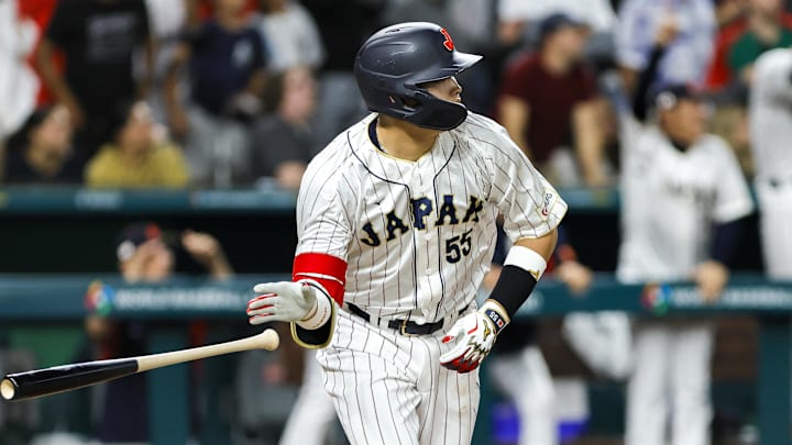Mar 20, 2023; Miami, Florida, USA; Japan third baseman Munetaka Murakami (55) hits a walk-off double to win the game against Mexico during the ninth inning at LoanDepot Park. Mandatory Credit: Sam Navarro-Imagn Images Mar 20, 2023; Miami, Florida, USA; Japan third baseman Munetaka Murakami (55) hits a walk-off double to win the game against Mexico during the ninth inning at LoanDepot Park. Mandatory Credit: Sam Navarro-Imagn Images