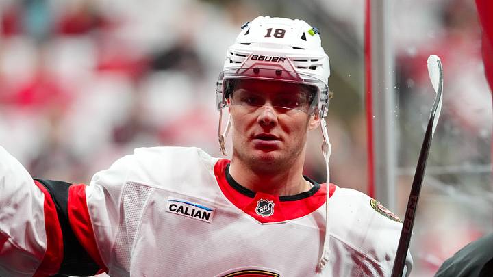 Apr 20, 2026; Raleigh, North Carolina, USA; Ottawa Senators center Tim Stützle (18) comes off the ice after the warmups before the game against the Carolina Hurricanes in game two of the first round of the 2026 Stanley Cup Playoffs at Lenovo Center. Mandatory Credit: James Guillory-Imagn Images