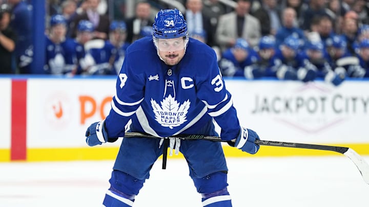 Oct 19, 2024; Toronto, Ontario, CAN; Toronto Maple Leafs center Auston Matthews (34) waits for the faceoff against the New York Rangers during the third period at Scotiabank Arena. Mandatory Credit: Nick Turchiaro-Imagn Images
