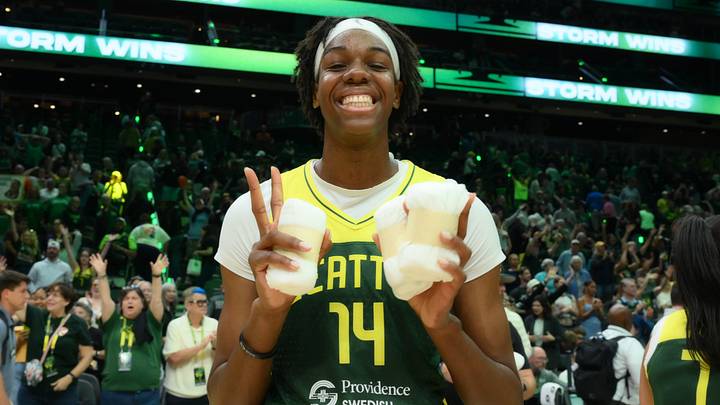 Seattle, Washington, USA; Seattle Storm center Dominique Malonga (14) after the game against the Toronto Tempo at Climate Pledge Arena on August 26, 2026. Seattle, Washington, USA; Seattle Storm center Dominique Malonga (14) after the game against the Toronto Tempo at Climate Pledge Arena on August 26, 2026.