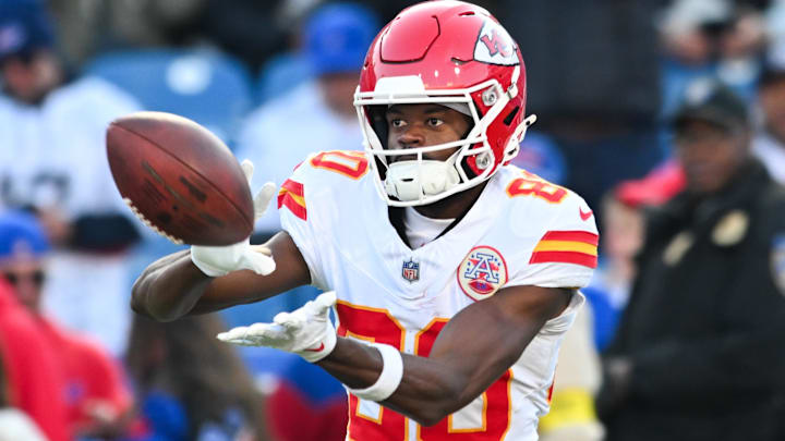 Nov 2, 2025; Orchard Park, New York, USA; Kansas City Chiefs wide receiver Tyquan Thornton (80) warms up before the game against the Buffalo Bills at Highmark Stadium.