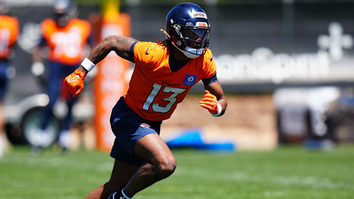 May 10, 2025; Englewood, CO, USA; Denver Broncos wide receiver Pat Bryant (13) during rookie minicamp at Broncos Park Powered by CommonSpirit. 
