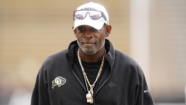 Oct 11, 2025; Boulder, Colorado, USA; Colorado Buffaloes head coach Deion Sanders before the game against the Iowa State Cyclones at Folsom Field. Mandatory Credit: Ron Chenoy-Imagn Images