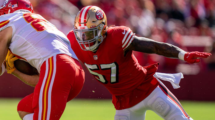 October 23, 2022; Santa Clara, California, USA; San Francisco 49ers linebacker Dre Greenlaw (57) during the first quarter against the Kansas City Chiefs at Levi's Stadium. Mandatory Credit: Kyle Terada-Imagn Images