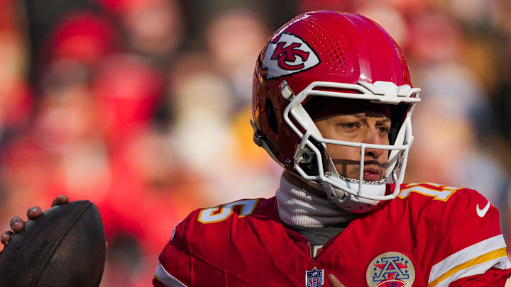 Dec 14, 2025; Kansas City, Missouri, USA; Kansas City Chiefs quarterback Patrick Mahomes (15) looks to pass against the Los Angeles Chargers during the second quarter at GEHA Field at Arrowhead Stadium. Mandatory Credit: Jay Biggerstaff-Imagn Images | Jay Biggerstaff-Imagn Images