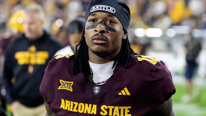 Nov 28, 2025; Tempe, Arizona, USA; Arizona State Sun Devils wide receiver Jaren Hamilton (16) against the Arizona Wildcats during the 99th Territorial Cup at Mountain America Stadium. Mandatory Credit: Mark J. Rebilas-Imagn Images