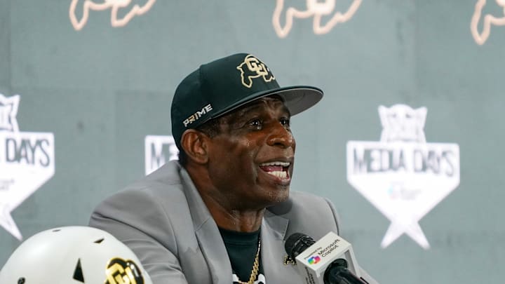 Jul 9, 2025; Frisco, TX, USA; Colorado head coach Deion Sanders speaks with the media during 2025 Big 12 Football Media Days at The Star. Mandatory Credit: Raymond Carlin III-Imagn Images