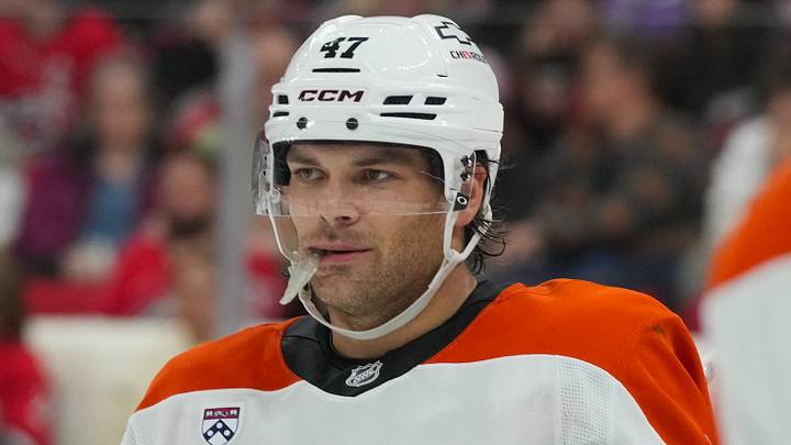 Oct 11, 2025; Raleigh, North Carolina, USA;  Philadelphia Flyers defenseman Noah Juulsen (47) looks on against the Carolina Hurricanes during the third period at Lenovo Center. Mandatory Credit: James Guillory-Imagn Images