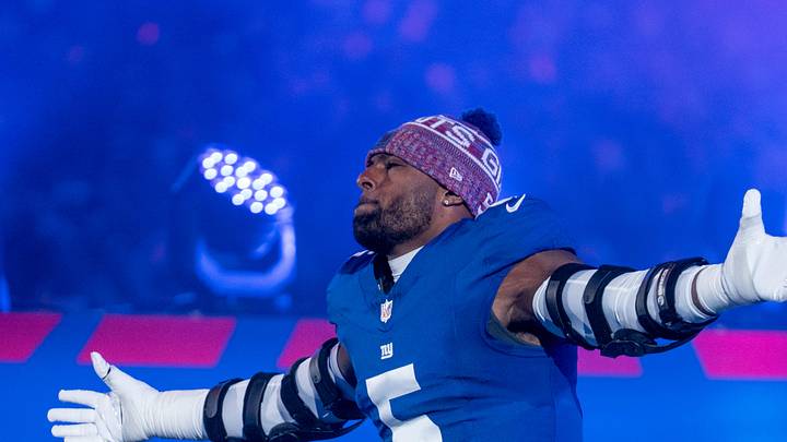 New York Giants OLB Kayvon Thibodeaux runs out of the tunnel during a Thursday Night game against the Philadelphia Eagles.