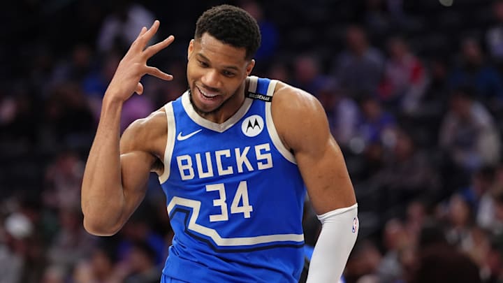 Apr 3, 2025; Philadelphia, Pennsylvania, USA; Milwaukee Bucks forward Giannis Antetokounmpo (34) reacts against the Philadelphia 76ers in the fourth quarter at Wells Fargo Center. Mandatory Credit: Kyle Ross-Imagn Images