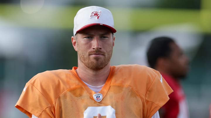Tampa Bay Buccaneers quarterback Kyle Trask (2) participates in training camp at AdventHealth Training Center.