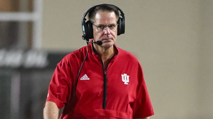 Sep 12, 2025; Indiana Hoosiers coach Curt Cignetti walks along the sideline during the second half against Indiana State. Sep 12, 2025; Indiana Hoosiers coach Curt Cignetti walks along the sideline during the second half against Indiana State.