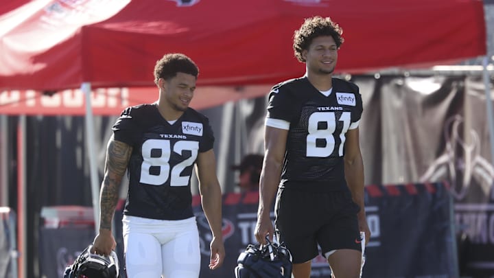 Jul 23, 2025; Houston, TX, USA;  Houston Texans wide receiver Jaylin Noel (82) and wide receiver Jayden Higgins (81) during training camp at Houston Methodist Training Center. Mandatory Credit: Troy Taormina-Imagn Images