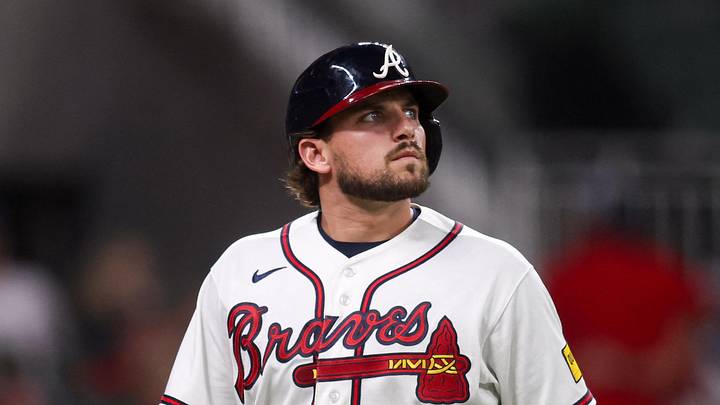 Jun 30, 2026; Atlanta, Georgia, USA; Atlanta Braves third baseman Austin Riley (27) reacts after a strikeout against the St. Louis Cardinals in the eighth inning at Truist Park. Mandatory Credit: Brett Davis-Imagn Images
