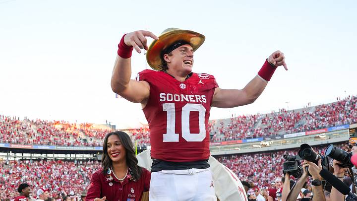 Oct 10, 2026; Dallas, Texas, USA; Oklahoma Sooners quarterback John Mateer (10) celebrates after the game against the Texas Longhorns at the Cotton Bowl. Mandatory Credit: Kevin Jairaj-Imagn Images Oct 10, 2026; Dallas, Texas, USA; Oklahoma Sooners quarterback John Mateer (10) celebrates after the game against the Texas Longhorns at the Cotton Bowl. Mandatory Credit: Kevin Jairaj-Imagn Images