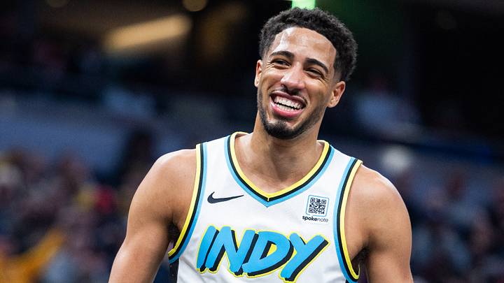 Mar 26, 2025; Indianapolis, Indiana, USA; Indiana Pacers guard Tyrese Haliburton (0) reacts after a basket in the first half against the Los Angeles Lakers at Gainbridge Fieldhouse. Mandatory Credit: Trevor Ruszkowski-Imagn Images