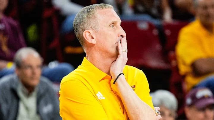 Mar 8, 2025; Tempe, Arizona, USA; Arizona State Sun Devils head coach Bobby Hurley reacts during the second half at Desert Financial Arena. Mandatory Credit: Arianna Grainey-Imagn Images Mar 8, 2025; Tempe, Arizona, USA; Arizona State Sun Devils head coach Bobby Hurley reacts during the second half at Desert Financial Arena. Mandatory Credit: Arianna Grainey-Imagn Images