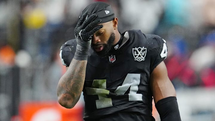 Dec 16, 2024; Paradise, Nevada, USA; Las Vegas Raiders defensive end K'Lavon Chaisson (44) walks off the field after the Raiders were defeated by the Atlanta Falcons at Allegiant Stadium. Mandatory Credit: Stephen R. Sylvanie-Imagn Images