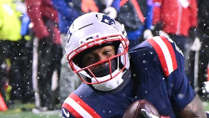 Jan 18, 2026; Foxborough, MA, USA; New England Patriots wide receiver Kayshon Boutte (9) catches the ball for a touchdown in the fourth quarter against the Houston Texans in an AFC Divisional Round game at Gillette Stadium. Mandatory Credit: Brian Fluharty-Imagn Images