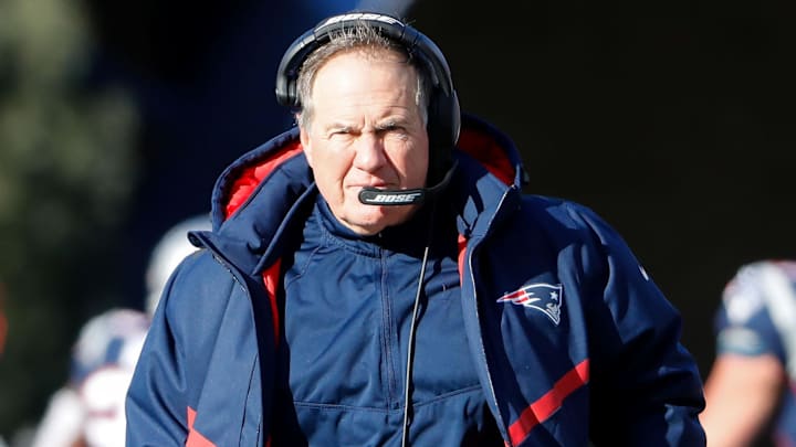 Jan 13, 2019; Foxborough, MA, USA; New England Patriots head coach Bill Belichick watches the game against the Los Angeles Chargers during the first quarter in an AFC Divisional playoff football game at Gillette Stadium. Mandatory Credit: Winslow Townson-Imagn Images