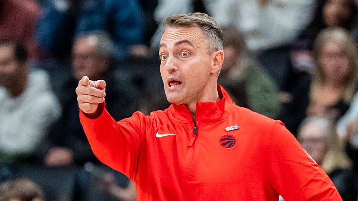Oct 15, 2024; Toronto, Ontario, CAN;  Toronto Raptors head coach Darko Rajaković looks on from the bench during a NBA game against the Boston Celtics at Scotiabank Arena. Mandatory Credit: Kevin Sousa-Imagn Images