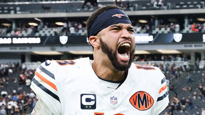 Sep 28, 2025; Paradise, Nevada, USA; Chicago Bears quarterback Caleb Williams (18) celebrates after the game against Las Vegas Raiders at Allegiant Stadium. Mandatory Credit: Kiyoshi Mio-Imagn Images