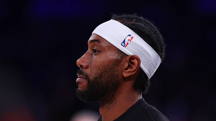 Toronto Raptors small forward Kawhi Leonard looks on during warm ups before the game against the New York Knicks.