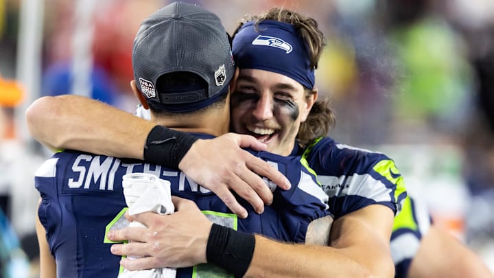 Feb 8, 2026; Santa Clara, CA, USA; Seattle Seahawks wide receiver Jake Bobo (19) celebrates with Jaxon Smith-Njigba (11) against the New England Patriots during Super Bowl LX at Levi's Stadium. Mandatory Credit: Mark J. Rebilas-Imagn Images