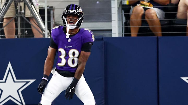 Aug 16, 2025; Arlington, Texas, USA;  Baltimore Ravens cornerback Keyon Martin (38) reacts after recording a safety against the Dallas Cowboys  during the first quarter at AT&T Stadium. Mandatory Credit: Kevin Jairaj-Imagn Images