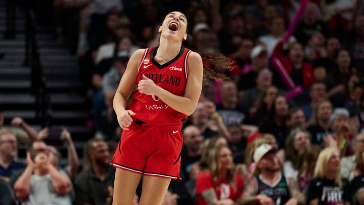 Aug 6, 2026; Portland, Oregon, USA; Portland Fire guard Carla Leite (0) reacts during the second half after missing a three point basket against the Toronto Tempo at Moda Center. Mandatory Credit: Troy Wayrynen-Imagn Images