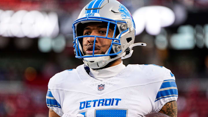 Detroit Lions wide receiver Tim Patrick (17) warms up before the game between San Francisco 49ers and Detroit Lions at Levi's Stadium in Santa Clara, Calif. on Monday, Dec. 30, 2024.