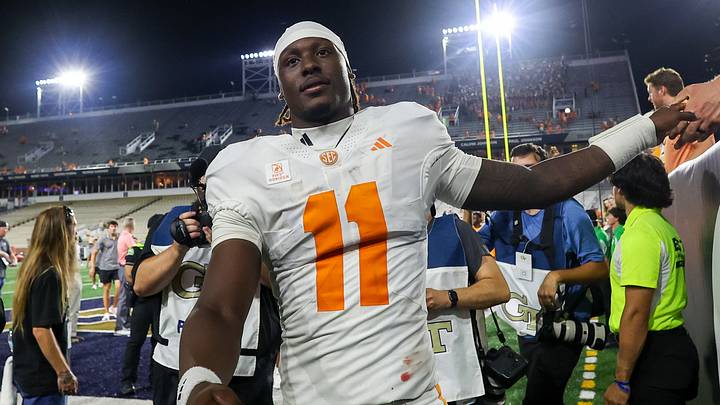 Sep 12, 2026; Atlanta, Georgia, USA; Tennessee Volunteers quarterback Faizon Brandon (11) celebrates after a victory over the Georgia Tech Yellow Jackets at Bobby Dodd Stadium at Hyundai Field. Mandatory Credit: Brett Davis-Imagn Images