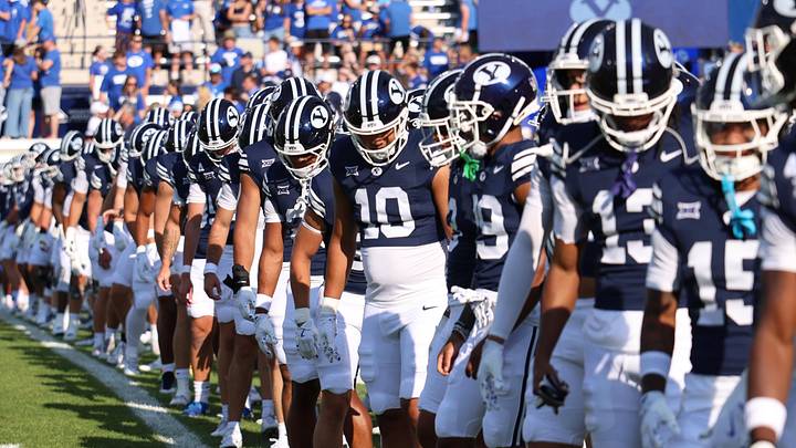 Aug 30, 2025; Provo, Utah, USA; The Brigham Young Cougars line up before the game against the Portland State Vikings at LaVell Edwards Stadium. Mandatory Credit: Rob Gray-Imagn Images