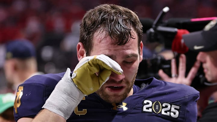 Notre Dame Fighting Irish linebacker Jack Kiser (24) reacts after losing against the Ohio State Buckeyes in the CFP National Championship