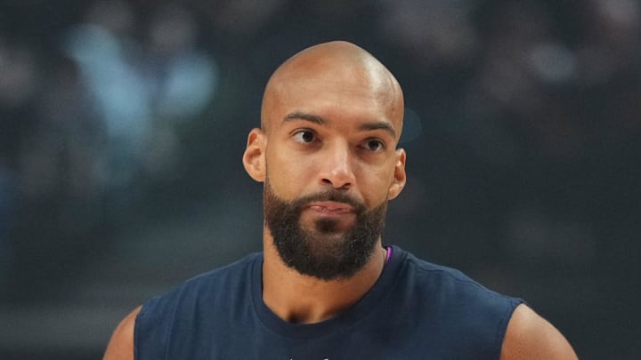 Feb 24, 2026; Portland, Oregon, USA; Minnesota Timberwolves center Rudy Gobert (27) looks on during warmups before the game against the Portland Trail Blazers at Moda Center. Mandatory Credit: Soobum Im-Imagn Images