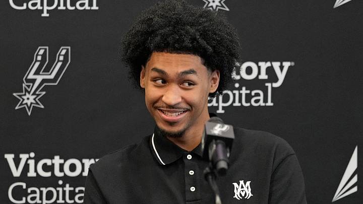 Jun 28, 2025; San Antonio, TX, USA; San Antonio first round draft pick Dylan Harper (2) reacts to a question from the media during a press conference at Victory Capital Performance Center. Mandatory Credit: Scott Wachter-Imagn Images Jun 28, 2025; San Antonio, TX, USA; San Antonio first round draft pick Dylan Harper (2) reacts to a question from the media during a press conference at Victory Capital Performance Center. Mandatory Credit: Scott Wachter-Imagn Images